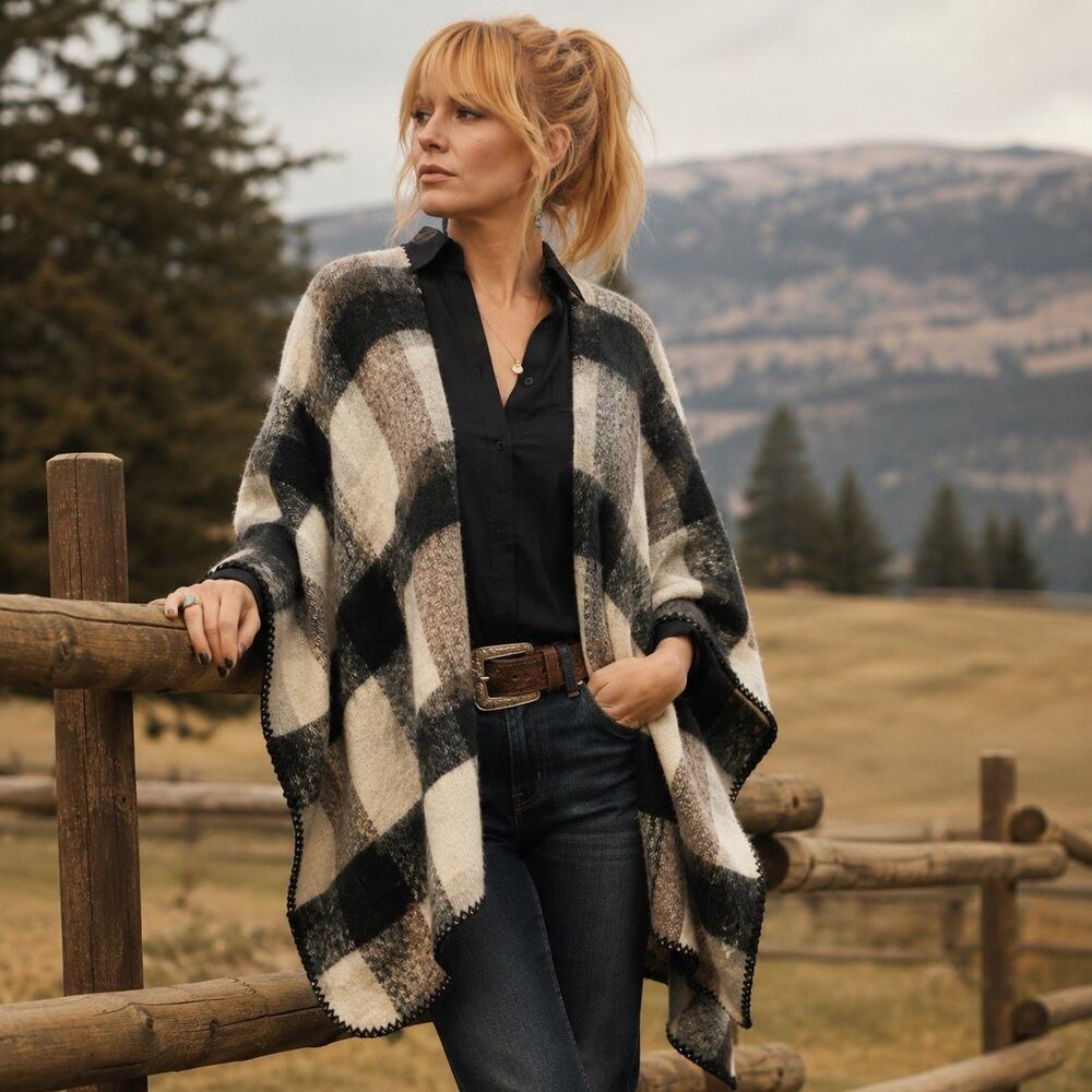 Eyeful Plaid Ruana Poncho Wrap Open Front Cape Shawl One Size Black Gray Ivory